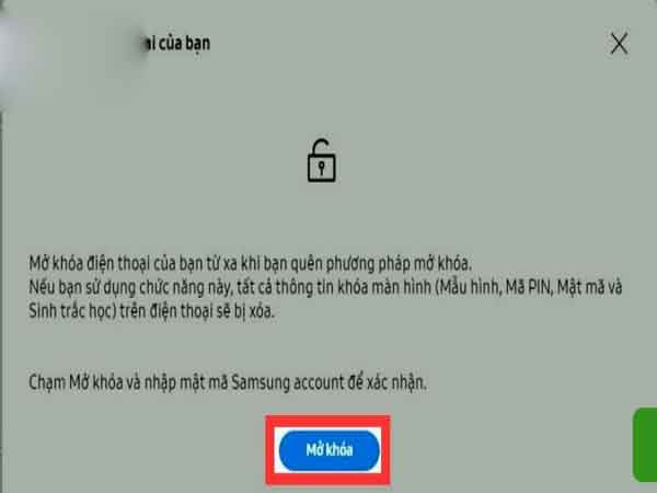 Xác nhận tài khoản Samsung và chọn "Mở khóa"